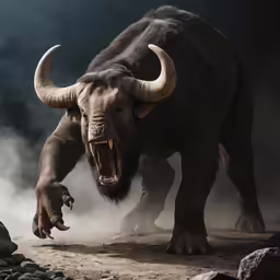 an animal with long horns and a demon like body