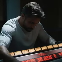 man in a white t - shirt typing on a computer screen