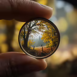 a person holds up a small, round glass photo in front of the camera