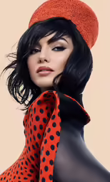 a model with bangs and red and black polka dots on the collar