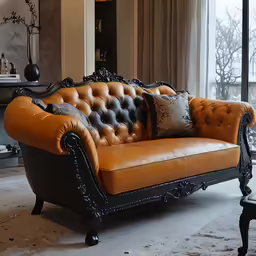 an orange leather and black wooden sofa
