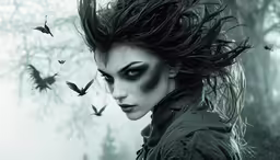 a woman with raven like makeup and some birds flying by