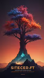 poster with colorful trees on a mountain side,a painting of a tree in a desert