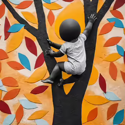 a boy standing up with his arms in the air while hanging on to a wall