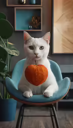 a white cat with an orange heart hanging from its neck