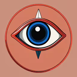 a graphic of a red and blue eye with a pointy arrow,an eye with an arrow in the middle