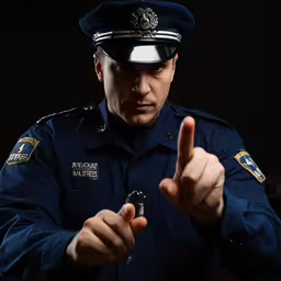 an officer points to something in a dark room,a policeman is making the number one hand gesture