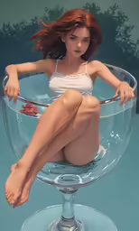a woman sitting in a glass bowl with an arm out