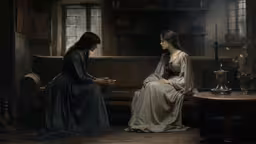two women sitting on a couch with one of them holding a glass,the two women are talking while sitting on the sofa