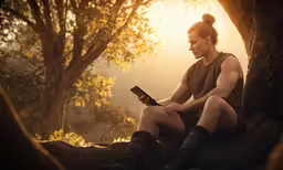 a woman sitting on a log looking back