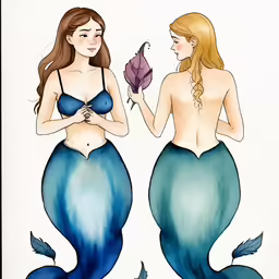 two mermaids one in blue and the other brown
