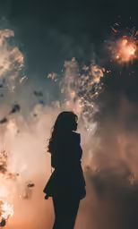 a person standing on a field with fireworks in the sky