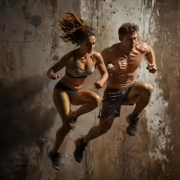 a young man and woman running against a rusted wall