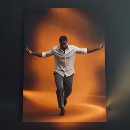 a black man running across an orange background