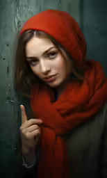 a girl with a red hat and a red scarf holding up her fingers