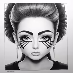 a drawing of a woman with black lines on her face