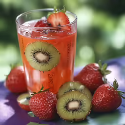 a glass filled with water with strawberries around it