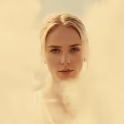 a woman in a white dress poses behind a cloud
