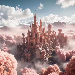 an illustration showing a castle in the clouds and a few other buildings on top of it