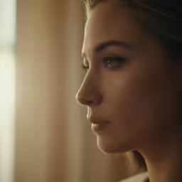 a woman with long hair and big earrings looking ahead