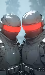 two robots, one of them wearing a red glowing light
