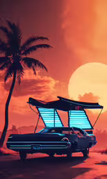 a car with a surfboard on its roof is parked next to a palm tree at sunset,two vintage cars are parked in the sunset with a surfboard strapped to the hood
