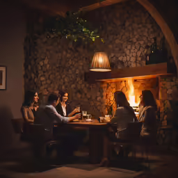 a group of people sit around a table having drinks