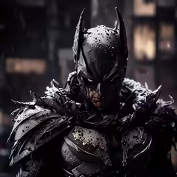 batman standing in the rain with an armor on