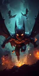 a painting of a batman flying through the air