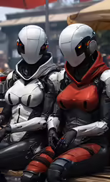 two people dressed up in sci - fi outfits sit side by side on a platform