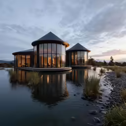 a very cute house in the middle of some water