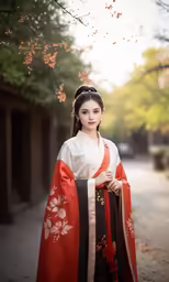 a girl wearing kimono on a narrow street