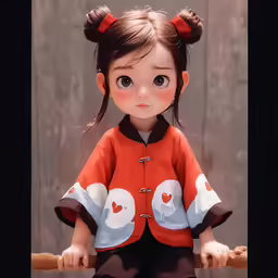 a girl in red jacket sitting on wooden railing