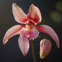 a pink flower sitting on top of a stem