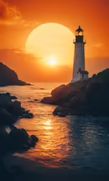 the sun sets over the sea and an island with a lighthouse