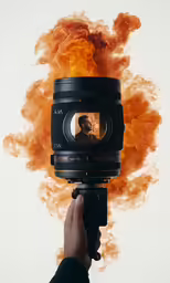 a person taking pictures of flames and smoke in front of their camera