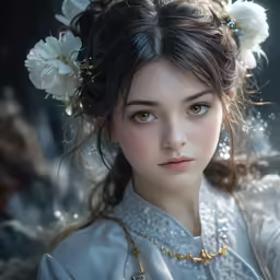 an artistic portrait of a girl in white dress