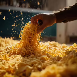 a hand sprinkles a handful of noodles with a wooden spoon