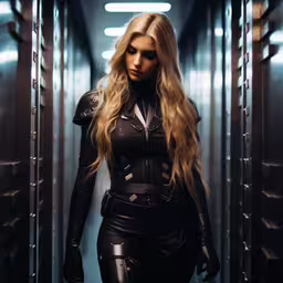 the girl in black suit is standing in a narrow corridor,a woman in a leather suit stands among rows of lockers