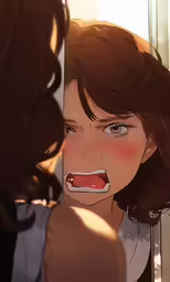 a woman looking in a mirror at her face
