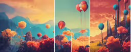 three images one shows a desert, the other is filled with balloons,four screens that show different scenes of balloons