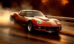 a red sports car on a road with smoke behind