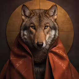 a gray wolf with a brown collar is wrapped around his head