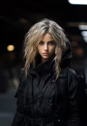 a beautiful blond woman wearing black on her right side and a black jacket,the woman is standing alone wearing a jacket