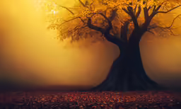 a foggy, autumn scene with a tree and leaf covered ground