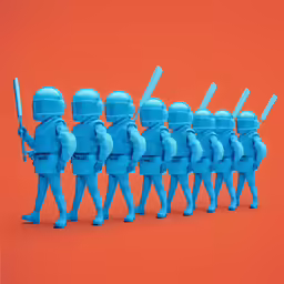 a line up of small plastic figures dressed in blue