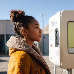 a woman in a brown coat and scarf next to a pay phone