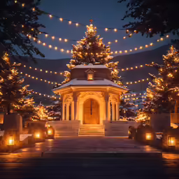 the building has trees and a lit tree