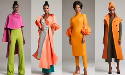 three models wearing orange, green and pink clothes