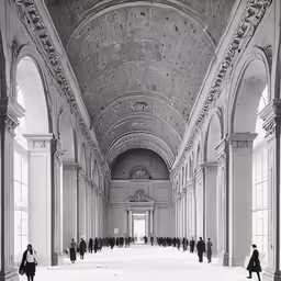 people walking inside of an old looking building